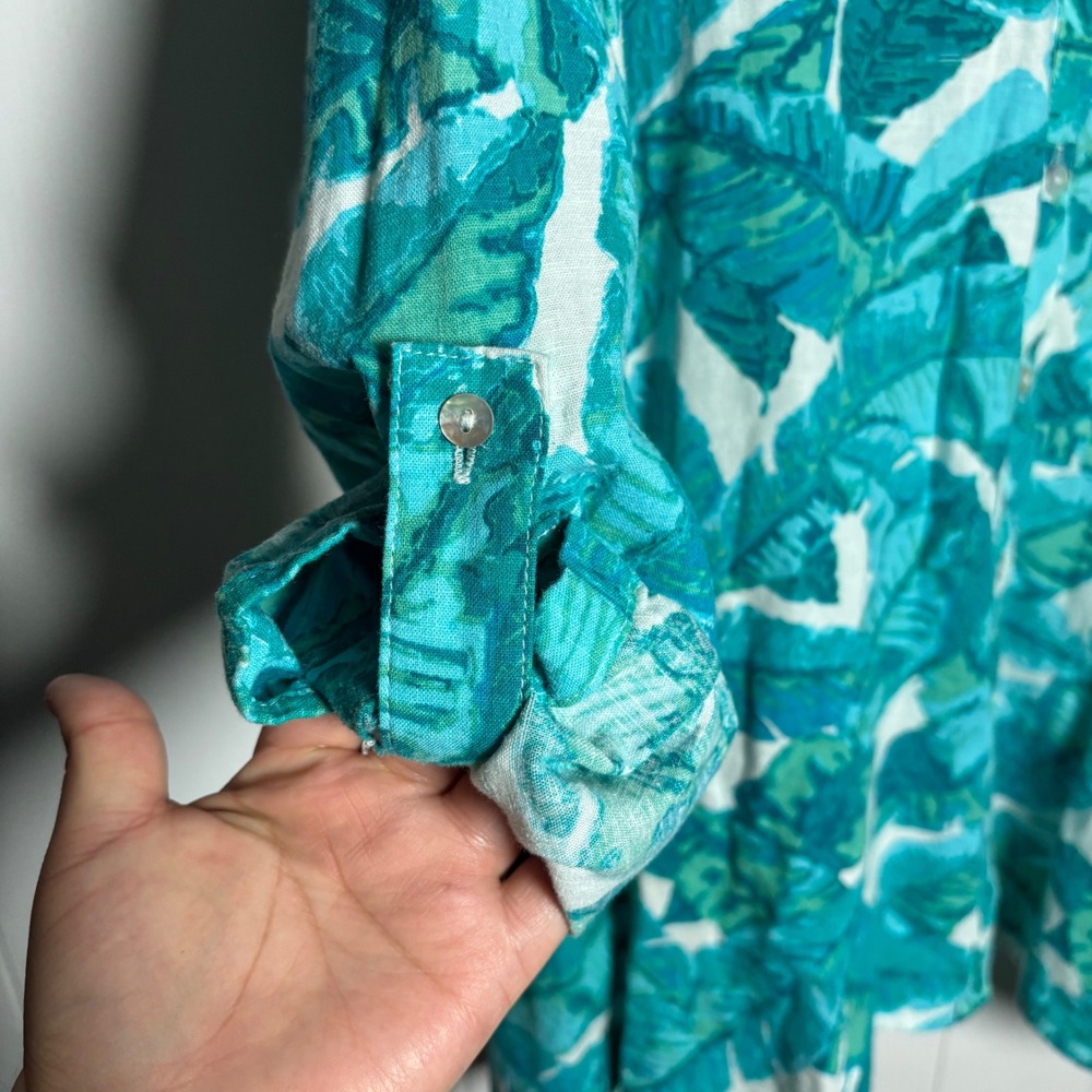 Coastal Teal Tropical Palm Leaf Linen Blend Roll Tab Button Up Shirt Sz XL - Picture 4 of 8